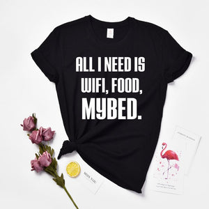 Huikoo Plus Size Cotton Graphic Tees All I Need Is Wifi Food My Bed Letter O Neck Short Sleeve Casual Plain Shirts Drop Shipping